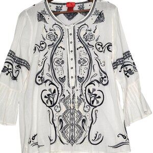V Cristina Tunic Top, Women's Button Up White with Navy Embroidery, Three-Quarte